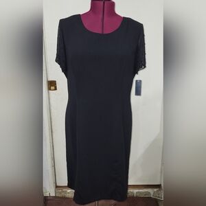 AGB Dress Black Sheath Dress Size 16 Beaded Sheer Short Sleeve Evening Cocktail